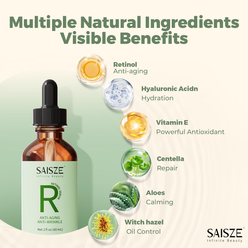 SAISZE Retinol Face Serum, Anti Aging Face Serum for Fine Lines, Wrinkles & Premature Sun Damage, Skin Care for Resurfacing & Hydration, 2 Fl Oz - Image 3